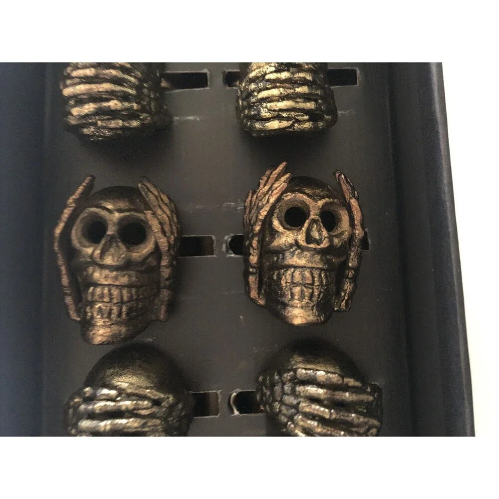 Rachel Zoe Skull Napkin Rings See Hear Speak No Evil Dark Gold Metal Set of 6